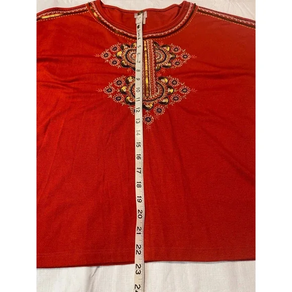 Chico's 2P (LP/12) Embroidered Burnt Orange Boho 3/4 Sleeve Shirt Sequins *Read - Picture 9 of 12